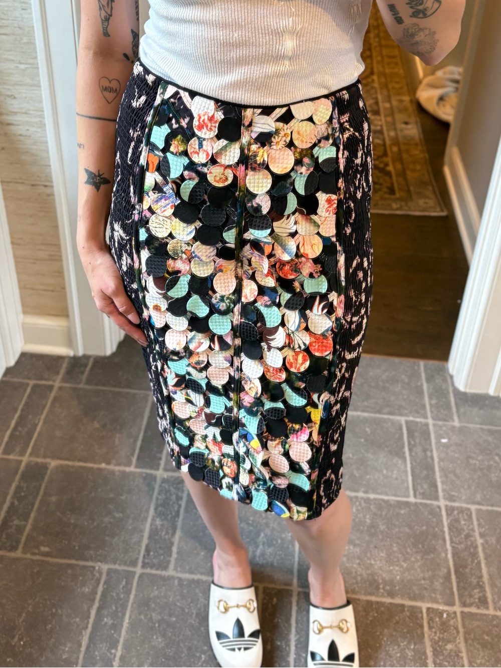 Byron Lars Black Pencil Skirt with Multicolor Sequin Discs